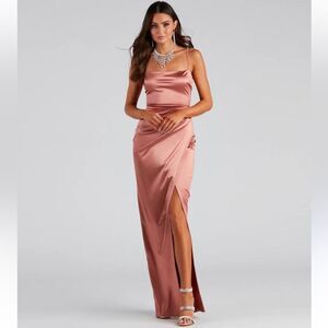 Windsor Lola High Slit Satin Dress in Blush